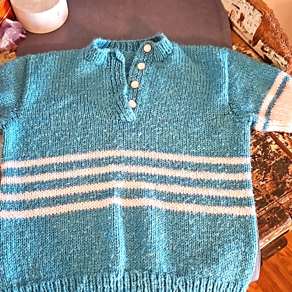 Handmade vintage Kids pullover sweater turquoise pink pearl buttons sweet retro